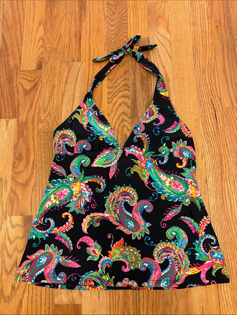 Chaps Black Halter Swim Top with Multicolor Paisley Accents
